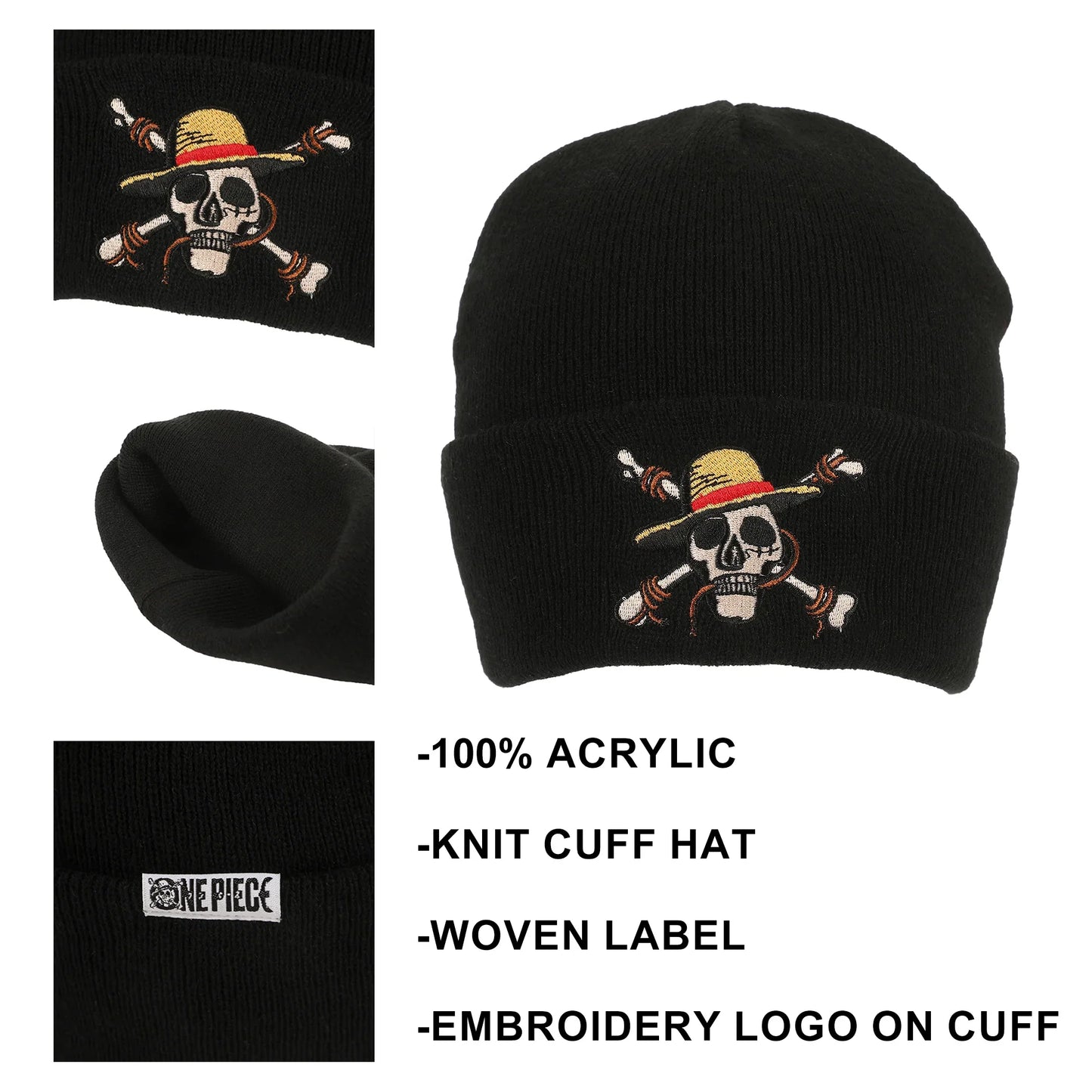 One Piece Straw Hat Pirates Skull & Crossbones Logo Black Cuff Beanie