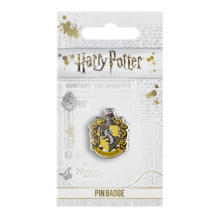 Hufflepuff House Crest Pin Badge The Crest of the famous Hogwarts house, founded by Helga Hufflepuff This Harry Potter Pin Badge has been created using the official style guide from Warner Bros. Enamel Pin Details: Around .75" tall and .5" wide (20mm x 16mm) Beautiful colors protected by a high-gloss finish Enamel pin arrives on a printed Harry Potter card backer Quality metal badge pin with butterfly clutch backing