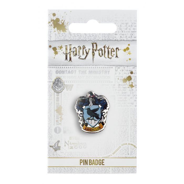 Ravenclaw Crest Pin Badge The crest of the famous Hogwarts House, founded by Rowena Ravenclaw This Harry Potter Pin Badge has been created using the official style guide from Warner Bros. Enamel Pin Details: Around .75" tall and .5" wide (20mm x 16mm) Beautiful colors protected by a high-gloss finish Enamel pin arrives on a printed Harry Potter card backer Quality metal badge pin with butterfly clutch backing