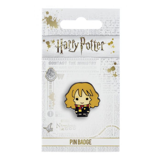 Hermione Granger Badge Pin This Harry Potter Pin Badge has been created using the official style guide from Warner Bros. Enamel Pin Details: Around .75" tall and .5" wide (20mm x 16mm) Beautiful colors protected by a high-gloss finish Enamel pin arrives on a printed Harry Potter card backer Quality metal badge pin with butterfly clutch backing