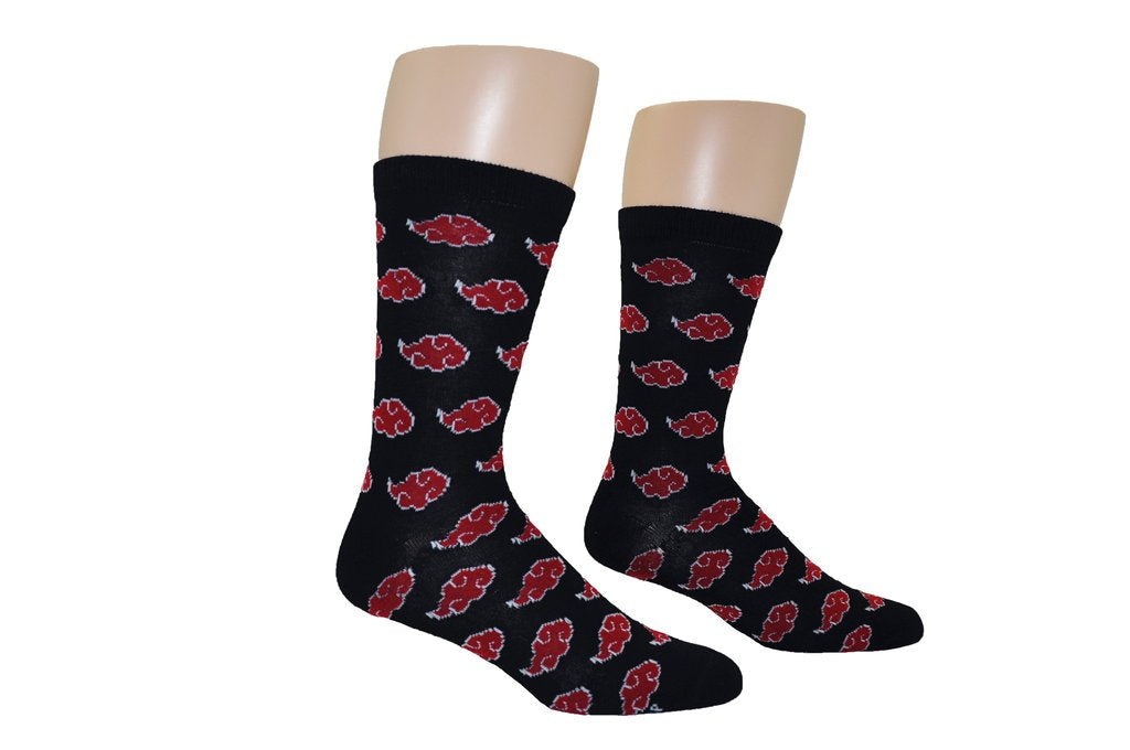 Akatsuki Symbol Crew Socks Akatsuki Red Clouds from Naruto mean only one thing - bad guys. Join up with the secret Akatsuki organization with these officially licensed Naruto socks, featuring a pattern of Akatsuki clouds against a black background.