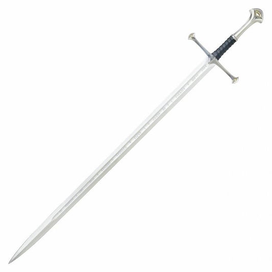 Anduril, Flame of the West, forged from the shards of Narsil. A sword fit for a king of Gondor. This showpiece worthy The Lord of the Rings prop replica based on Aragorn's sword features a solid metal cross guard and pommel, antique silver plated finish, and beautiful 24-K gold plated fittings in the hilt. The handgrip is leather-wrapped in black leather. Though this incredible display sword is not intended for martial arts use, it features a quality 420 stainless steel blade.