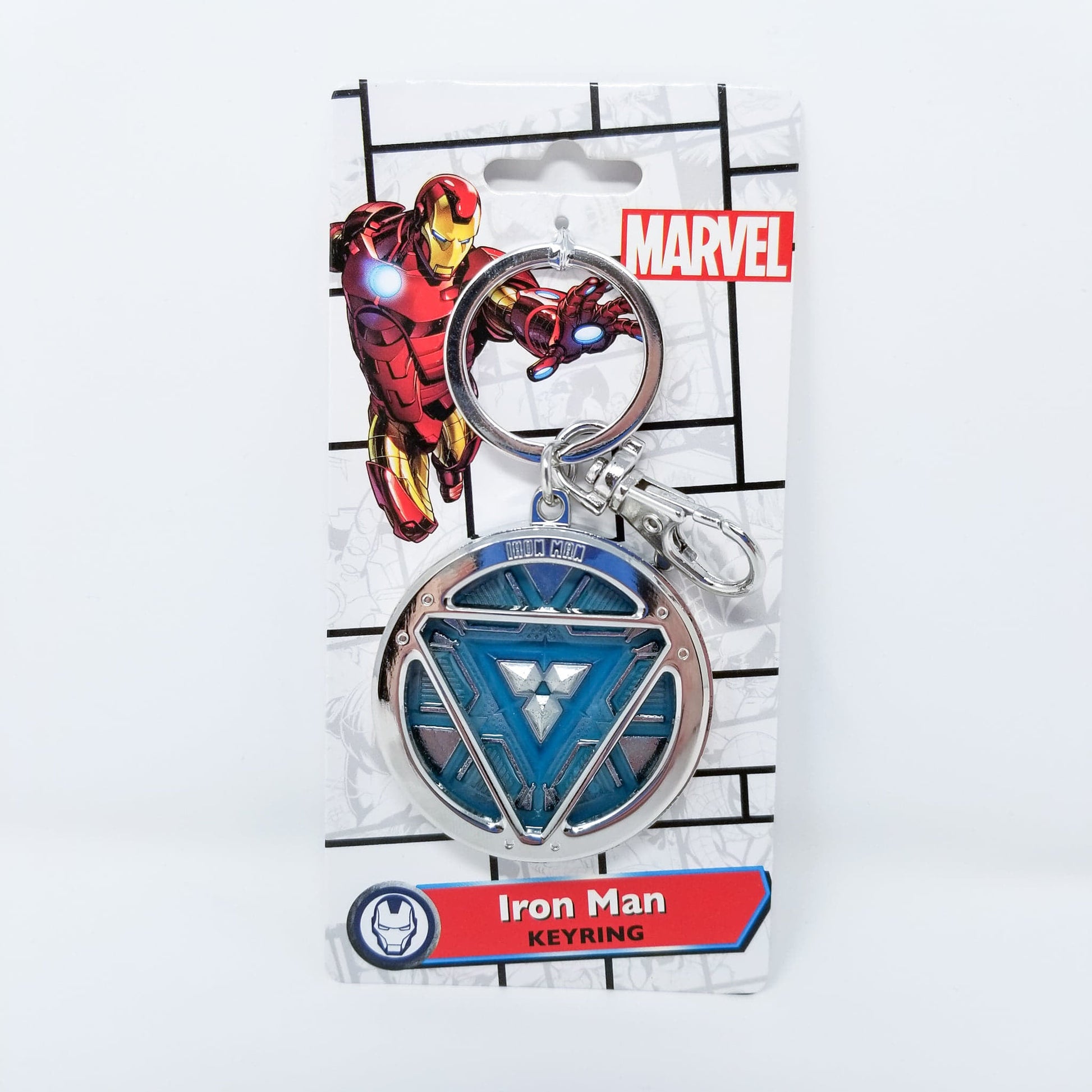 Iron Man Glow-In-The-Dark Pewter Arc Reactor Keychain.  In Celebration of Tony Stark’s Iron Man as seen in the Marvel Studios Avengers films, this oversize pewter Arc Reactor glow-in-the-dark metal keychain features the Arc Reactor powering Tony’s chest and power suit in Iron Man 3.  2 inches across & nearly 1/2 inch thick!  Features “Iron Man” logo on the back Includes stainless steel keyring and clip Blue Glow-in-the-Dark effect!  Carry your own Proof that Tony Stark Has a Heart