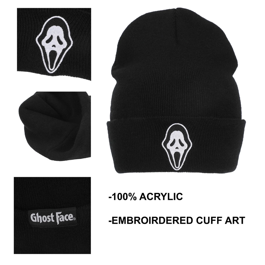 Ghostface Embroidered Face Logo Black Cuff Beanie Hat