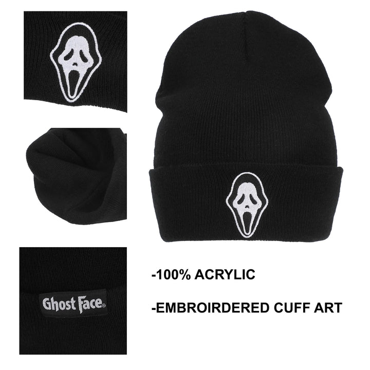 Ghostface Embroidered Face Logo Black Cuff Beanie Hat