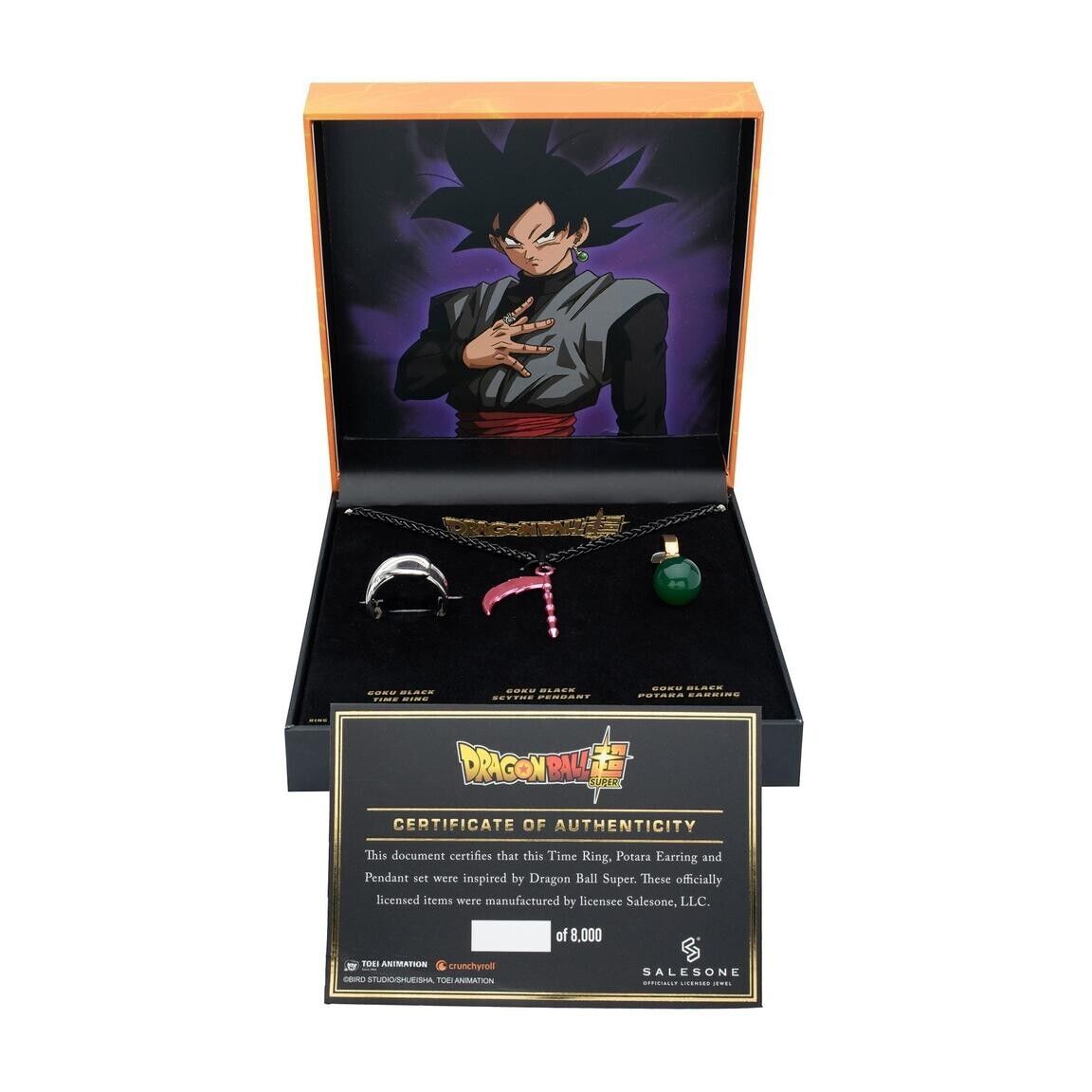 Dragon Ball Super Goku Black Scythe Necklace, Potara Earring, and Time Ring Set