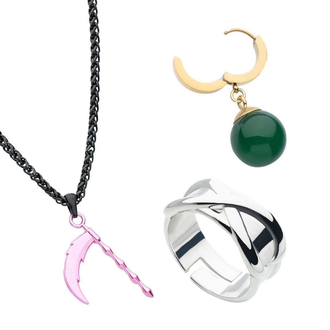 Dragon Ball Super Goku Black Scythe Necklace, Potara Earring, and Time Ring Set
