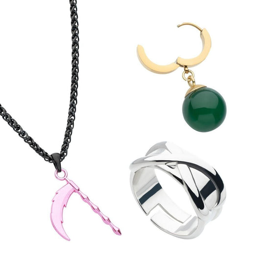 Dragon Ball Super Goku Black Scythe Necklace, Potara Earring, and Time Ring Set