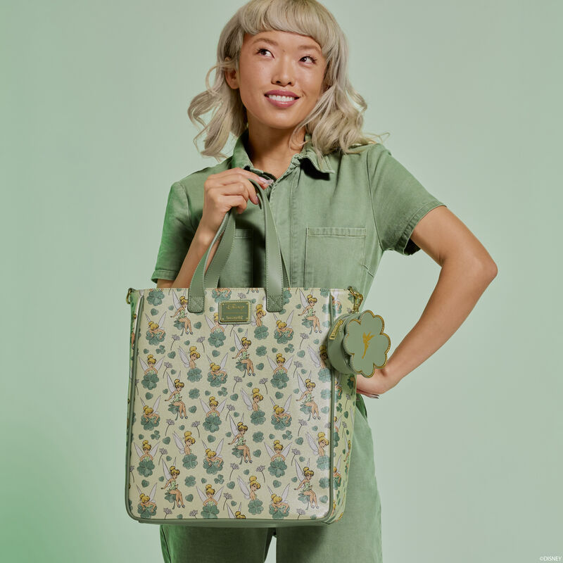 Loungefly Peter Pan Tinker Bell Disney Clover All-Over Print Tote Crossbody Bag With Coin Bag