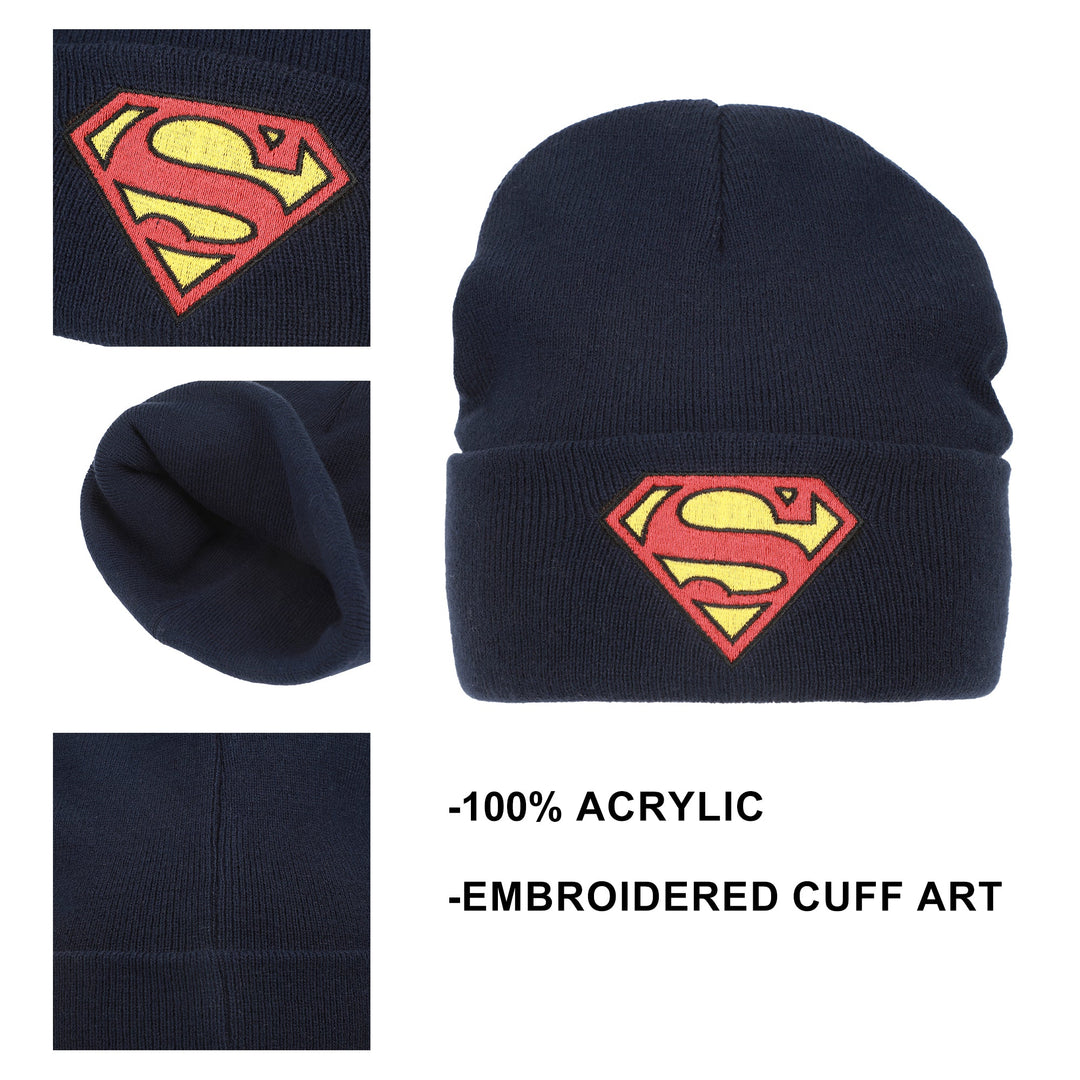 Superman DC Comics Logo Embroidered Navy Knit Cuff Beanie Hat
