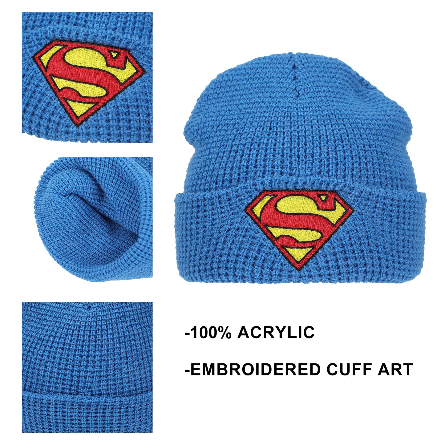 Superman Logo Embroidery Waffle Knit Cuff Beanie