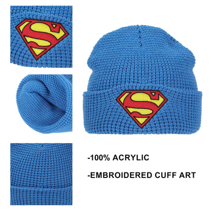 Superman Logo Embroidery Waffle Knit Cuff Beanie