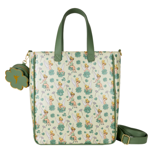 Loungefly Peter Pan Tinker Bell Disney Clover All-Over Print Tote Crossbody Bag With Coin Bag