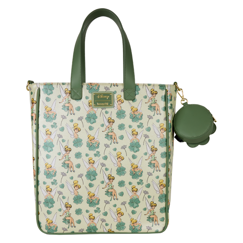 Loungefly Peter Pan Tinker Bell Disney Clover All-Over Print Tote Crossbody Bag With Coin Bag