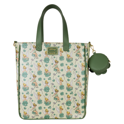 Loungefly Peter Pan Tinker Bell Disney Clover All-Over Print Tote Crossbody Bag With Coin Bag
