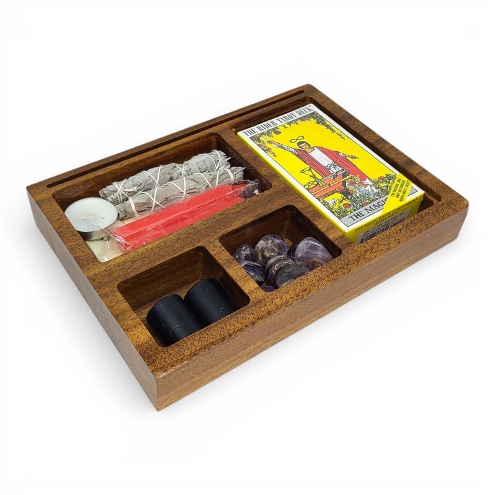 Wooden Altar &amp; Tarot Storage Tray – Sectioned Organizer with Card Slot