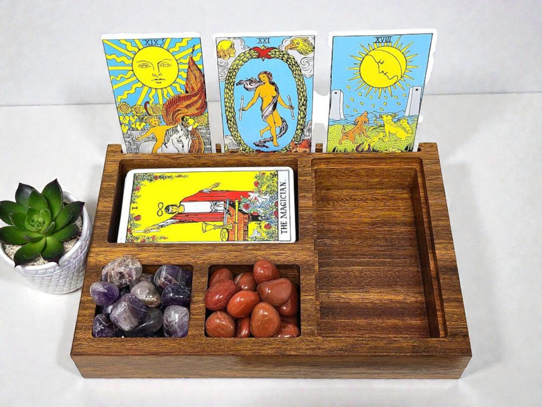 Wooden Altar &amp; Tarot Storage Tray – Sectioned Organizer with Card Slot