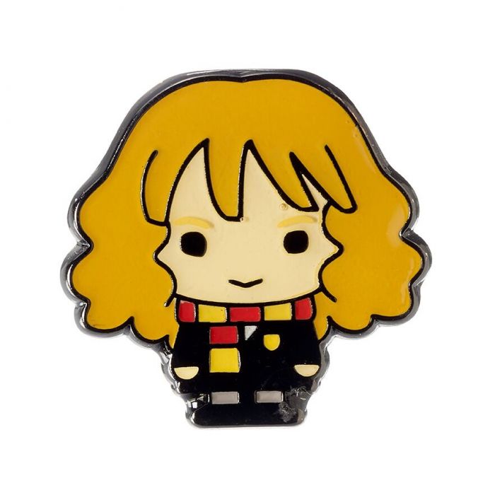 Hermione Granger Badge Pin  This Harry Potter Pin Badge has been created using the official style guide from Warner Bros.  Enamel Pin Details:  Around .75" tall and .5" wide (20mm x 16mm) Beautiful colors protected by a high-gloss finish Enamel pin arrives on a printed Harry Potter card backer Quality metal badge pin with butterfly clutch backing  