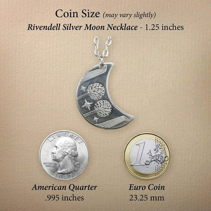 Elvish coin from Rivendell is shaped like a crescent moon. It depicts the valley containing the ancient trees of silver and gold and the three Silmarils, represented as stars. The text in Tengwar translates from Sindarin to Elrond Peredhil, Lord of Rivendell, The Last Homely House East of the Sea. It includes the date that Thorin and Company meet Elrond at Rivendell before continuing on to The Lonely Mountain.  This Rivendell Moon is crafted in celebration of The Lord of the Rings by J. R. R. Tolkien