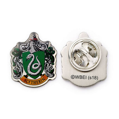 Slytherin House Shield Crest Pin Badge  The Crest of the famous Hogwarts House, founded by Salazar Slytherin  This Harry Potter Pin Badge has been created using the official style guide from Warner Bros.  Enamel Pin Details:  Around .75" tall and .5" wide (20mm x 16mm) Beautiful colors protected by a high-gloss finish Enamel pin arrives on a printed Harry Potter card backer Quality metal badge pin with butterfly clutch backing