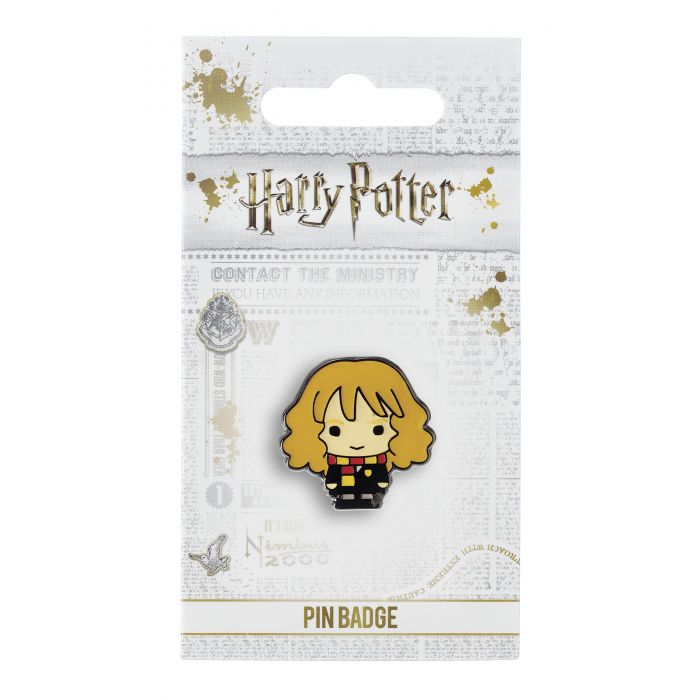 Hermione Granger Badge Pin  This Harry Potter Pin Badge has been created using the official style guide from Warner Bros.  Enamel Pin Details:  Around .75" tall and .5" wide (20mm x 16mm) Beautiful colors protected by a high-gloss finish Enamel pin arrives on a printed Harry Potter card backer Quality metal badge pin with butterfly clutch backing  