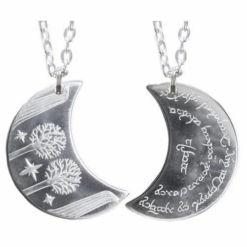 Elvish coin from Rivendell is shaped like a crescent moon. It depicts the valley containing the ancient trees of silver and gold and the three Silmarils, represented as stars. The text in Tengwar translates from Sindarin to Elrond Peredhil, Lord of Rivendell, The Last Homely House East of the Sea. It includes the date that Thorin and Company meet Elrond at Rivendell before continuing on to The Lonely Mountain.  This Rivendell Moon is crafted in celebration of The Lord of the Rings by J. R. R. Tolkien