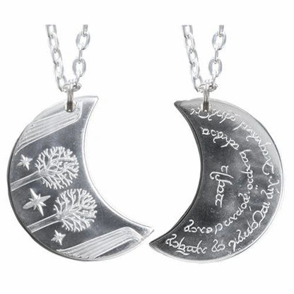 Elvish coin from Rivendell is shaped like a crescent moon. It depicts the valley containing the ancient trees of silver and gold and the three Silmarils, represented as stars. The text in Tengwar translates from Sindarin to Elrond Peredhil, Lord of Rivendell, The Last Homely House East of the Sea. It includes the date that Thorin and Company meet Elrond at Rivendell before continuing on to The Lonely Mountain.  This Rivendell Moon is crafted in celebration of The Lord of the Rings by J. R. R. Tolkien