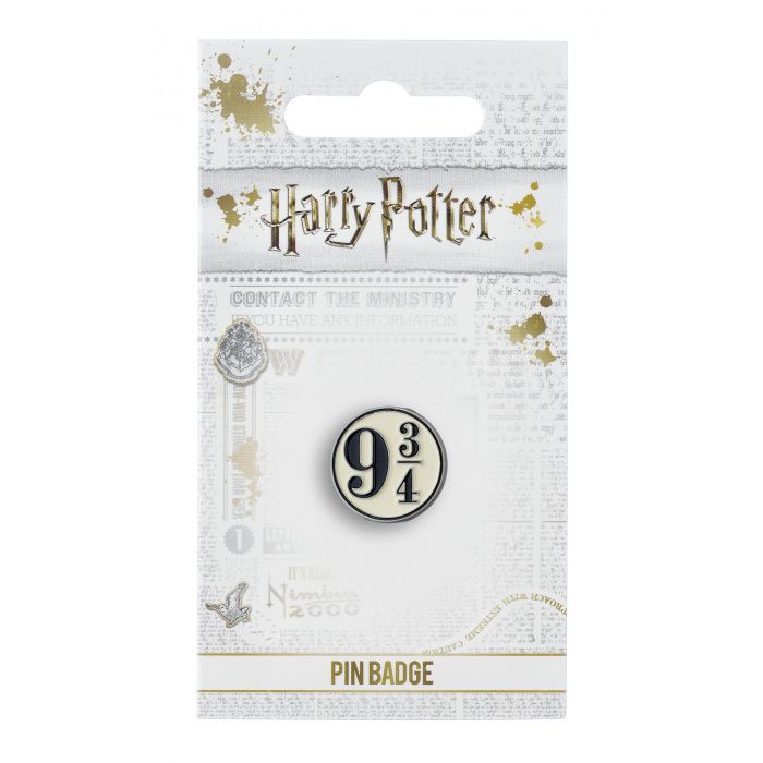 Platform 9 3/4 Pin Badge  The Platform at Kings Cross Station in which Hogwarts Students gain access to the Hogwarts Express  This Harry Potter Platform Nine and Three Quarters Pin Badge has been created using the official style guide from Warner Bros.  Enamel Pin Details:  Around .75" tall and .5" wide (20mm x 16mm) Beautiful colors protected by a high-gloss finish Enamel pin arrives on a printed Harry Potter card backer Quality metal badge pin with butterfly clutch backing