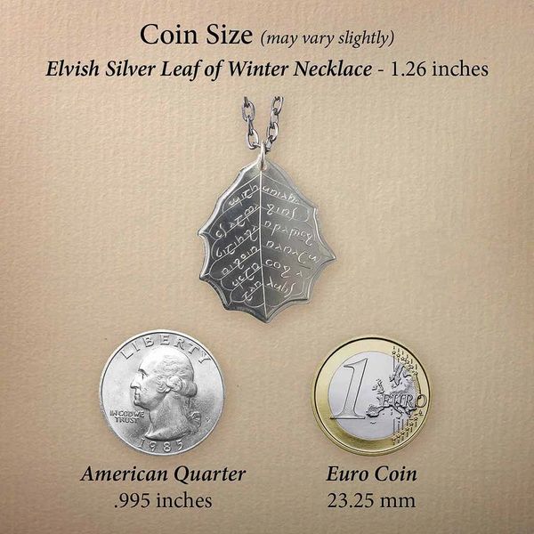 This Elvish Mithril Leaf of Spring Necklace is crafted in celebration of The Lord of the Rings by J. R. R. Tolkien. The leaf-shaped coin is struck from solid silver, measures 2.7 cm in diameter, and weighs about 6.5 grams. Includes a 30" antique bronze cable chain with clasp. Coin artwork by Greg Franck-Weiby.  Coins are struck one at a time in the USA using antique machinery and traditional coining techniques. A colorful description is included with history, translations, and facts about the coins.