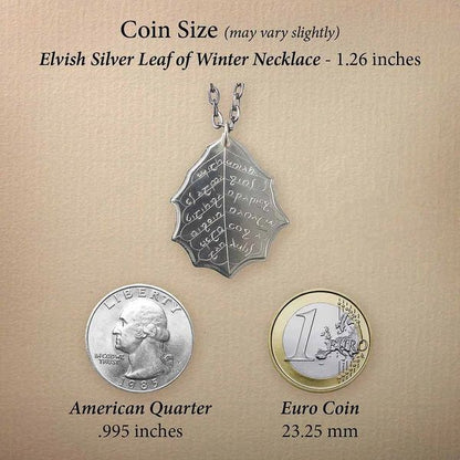 This Elvish Mithril Leaf of Spring Necklace is crafted in celebration of The Lord of the Rings by J. R. R. Tolkien. The leaf-shaped coin is struck from solid silver, measures 2.7 cm in diameter, and weighs about 6.5 grams. Includes a 30" antique bronze cable chain with clasp. Coin artwork by Greg Franck-Weiby.  Coins are struck one at a time in the USA using antique machinery and traditional coining techniques. A colorful description is included with history, translations, and facts about the coins.