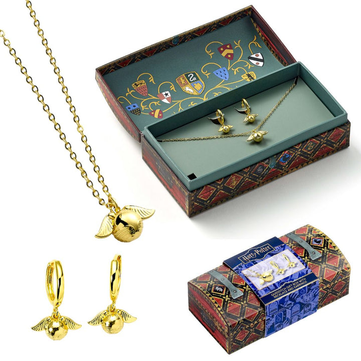 Harry Potter: Golden Snitch Necklace &amp; Earrings Quidditch Chest Gift Set