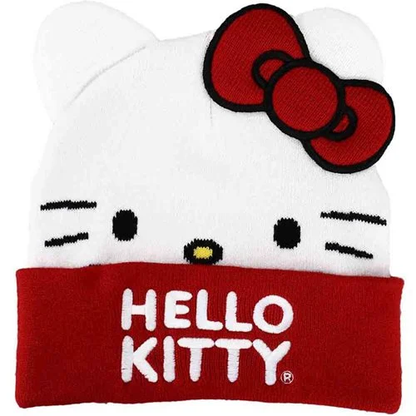 Hello Kitty Face (With Ears & Bow) Embroidered Cuff Beanie Hat