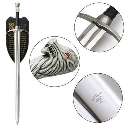 "It's my father's sword, and his father before him."  Longclaw - The Valyrian steel sword of Jon Snow in the Game of Thrones series.  The 35-inch full tang blade is constructed from high quality stainless steel and the hilt is wrapped in genuine leather. To complete the design, the Stark's sigil adorns the end of the handle made from antiqued metal. This full scale prop replica can be displayed with the included silkscreened wood display plaque featuring the Night's Watch Oath.