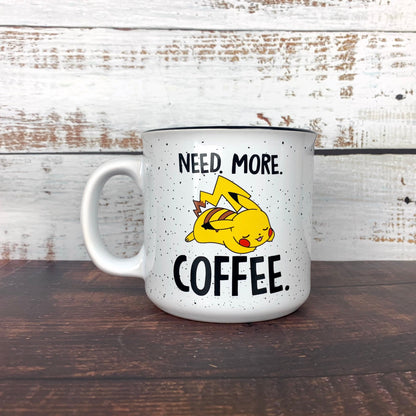 Pikachu "Need More Coffee" (Pokemon) 20oz. White Ceramic Campfire Mug